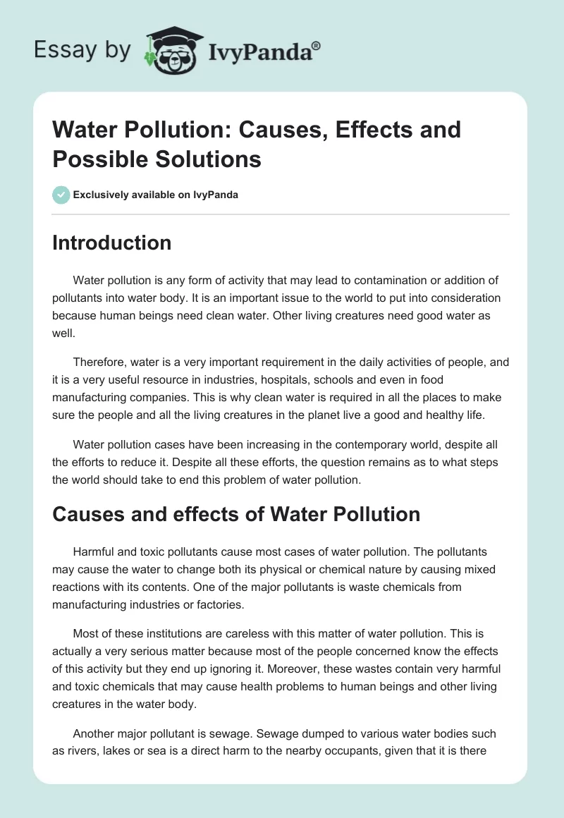 Water Pollution: Causes, Effects and Possible Solutions. Page 1