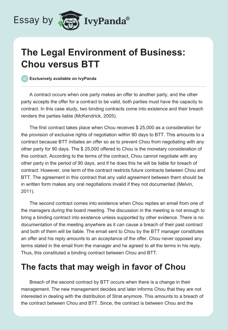 The Legal Environment of Business: Chou versus BTT. Page 1