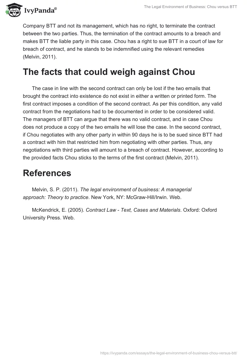 The Legal Environment of Business: Chou versus BTT. Page 2