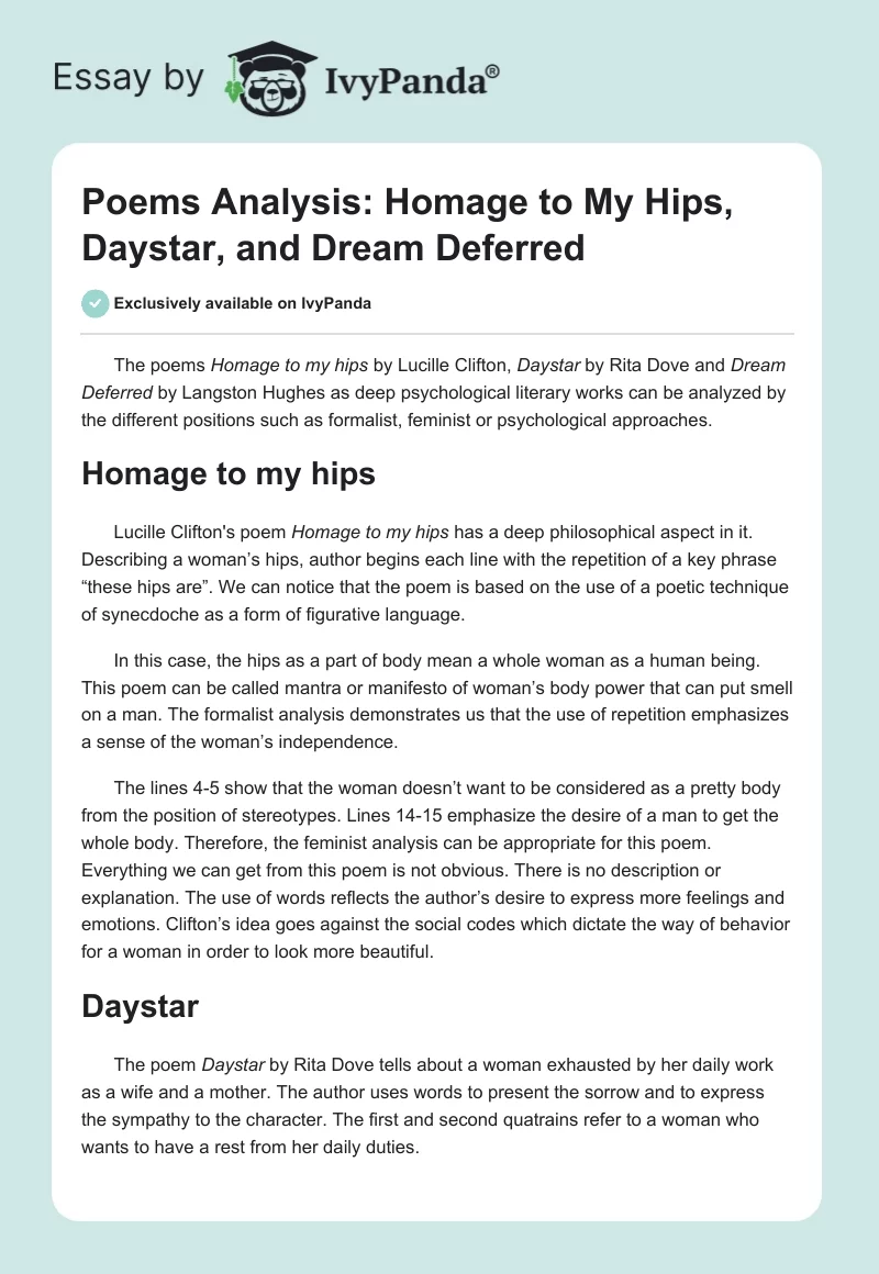 Poems Analysis: "Homage to My Hips," "Daystar," and "Dream Deferred". Page 1
