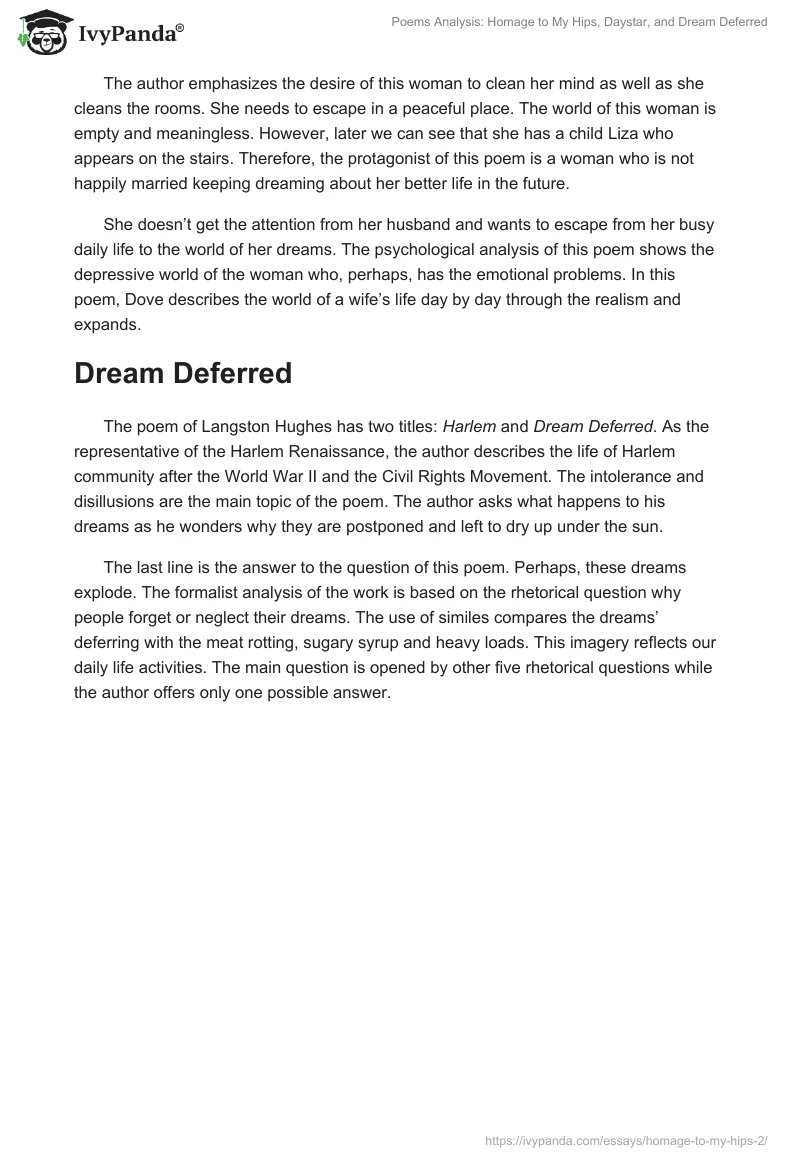 Poems Analysis: "Homage to My Hips," "Daystar," and "Dream Deferred". Page 2