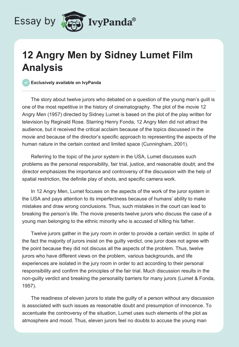 "12 Angry Men" by Sidney Lumet Film Analysis. Page 1