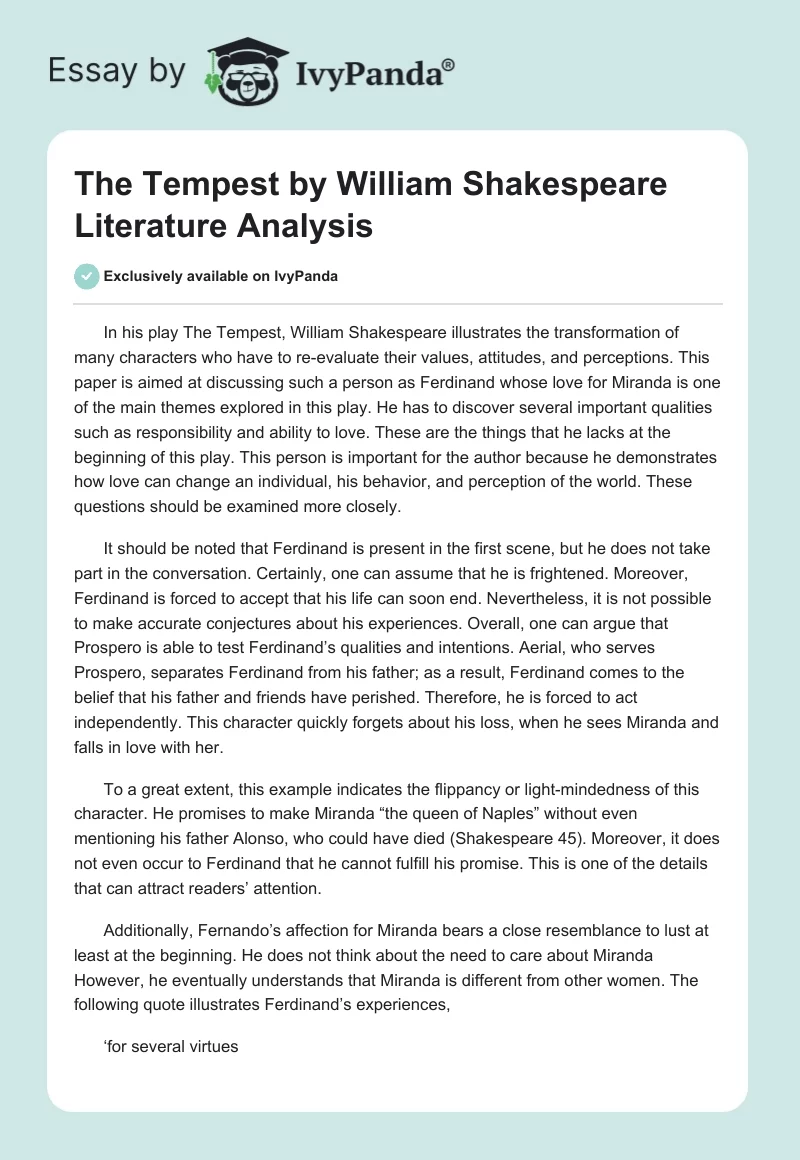 "The Tempest" by William Shakespeare Literature Analysis. Page 1
