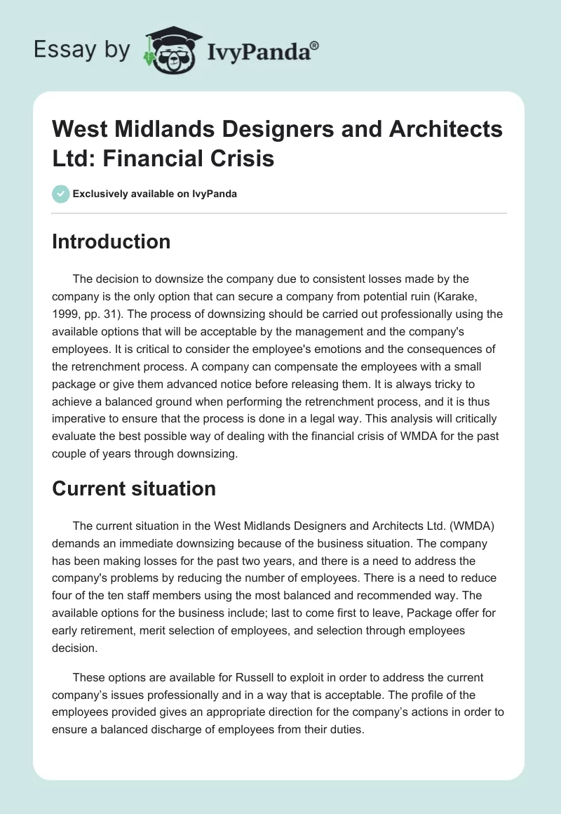 West Midlands Designers and Architects Ltd: Financial Crisis. Page 1