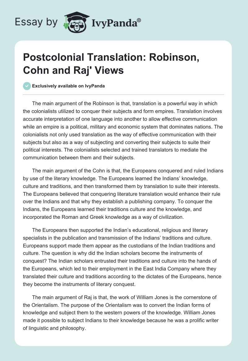 Postcolonial Translation: Robinson, Cohn and Raj' Views. Page 1