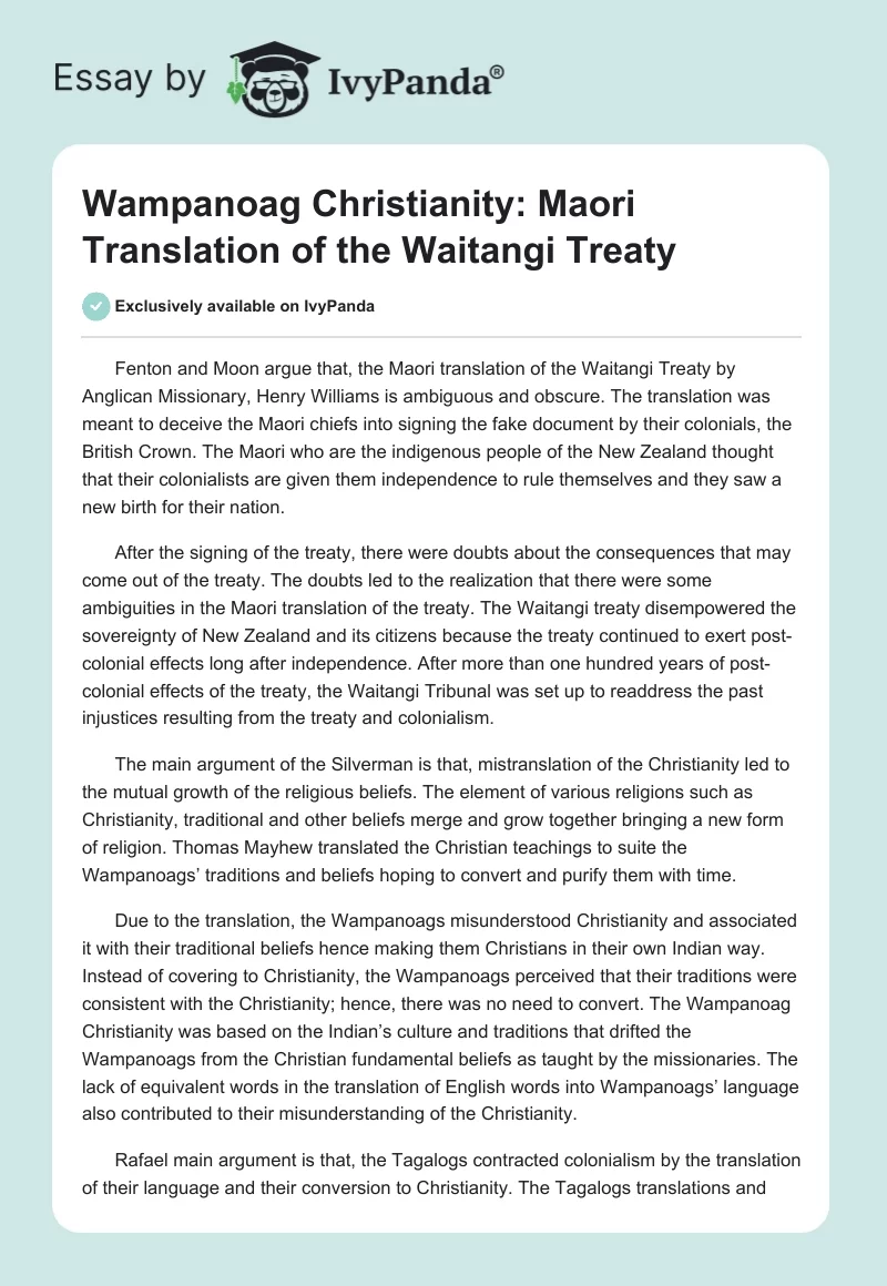 Wampanoag Christianity: Maori Translation of the Waitangi Treaty. Page 1