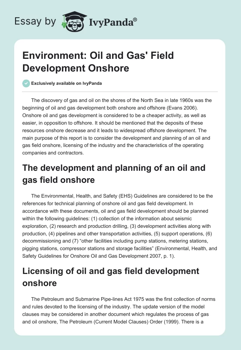 Environment: Oil and Gas' Field Development Onshore. Page 1