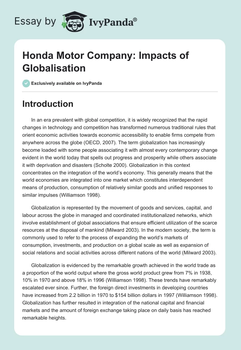 Honda Motor Company: Impacts of Globalisation. Page 1