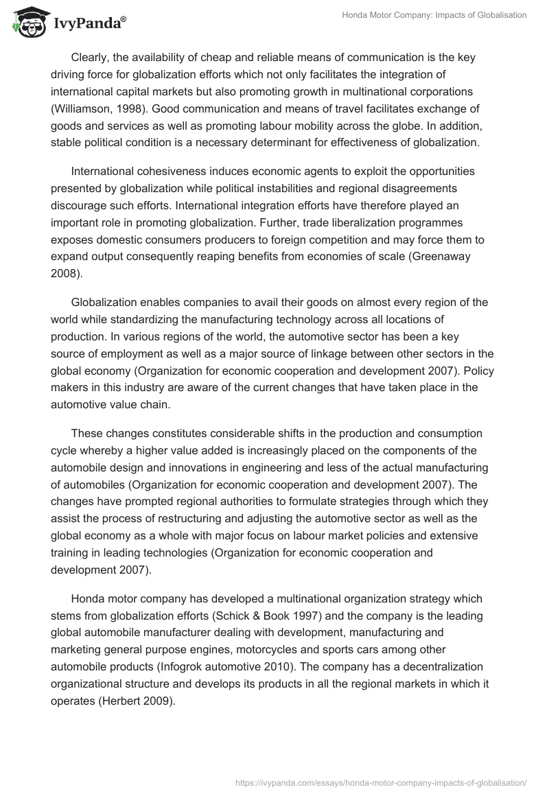 Honda Motor Company: Impacts of Globalisation. Page 2