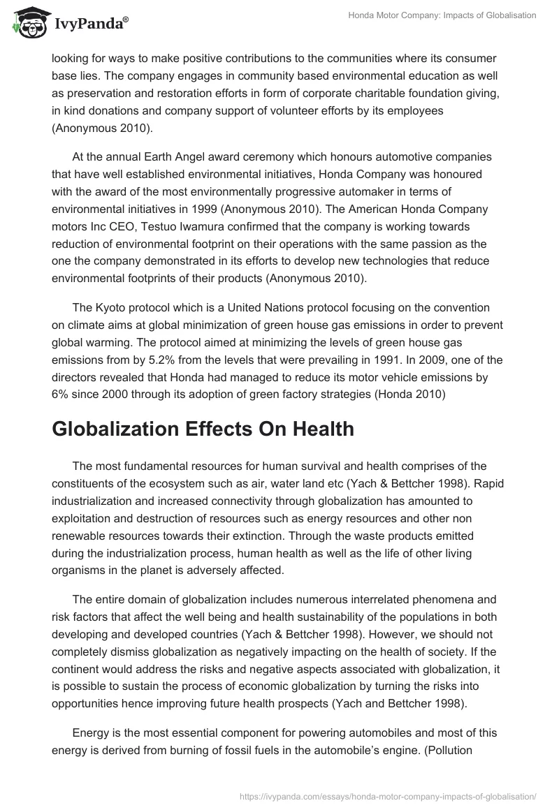 Honda Motor Company: Impacts of Globalisation. Page 5