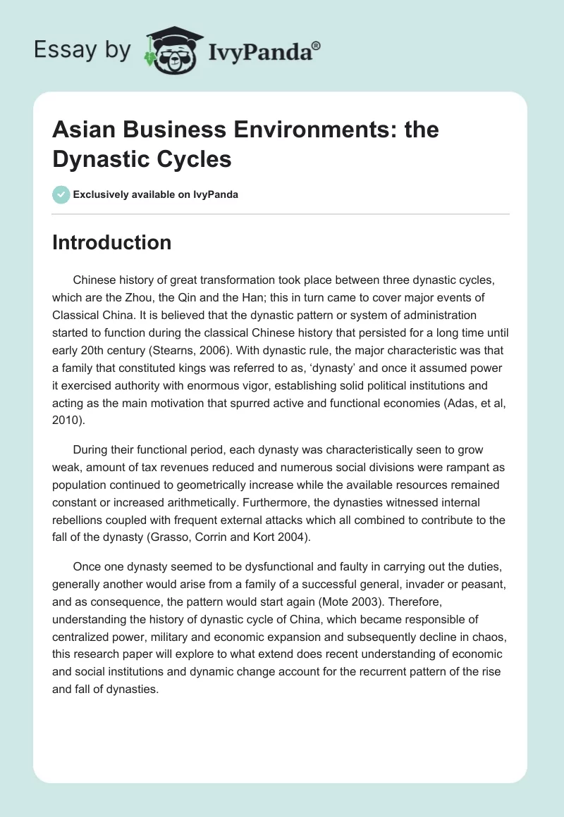 Asian Business Environments: the Dynastic Cycles. Page 1