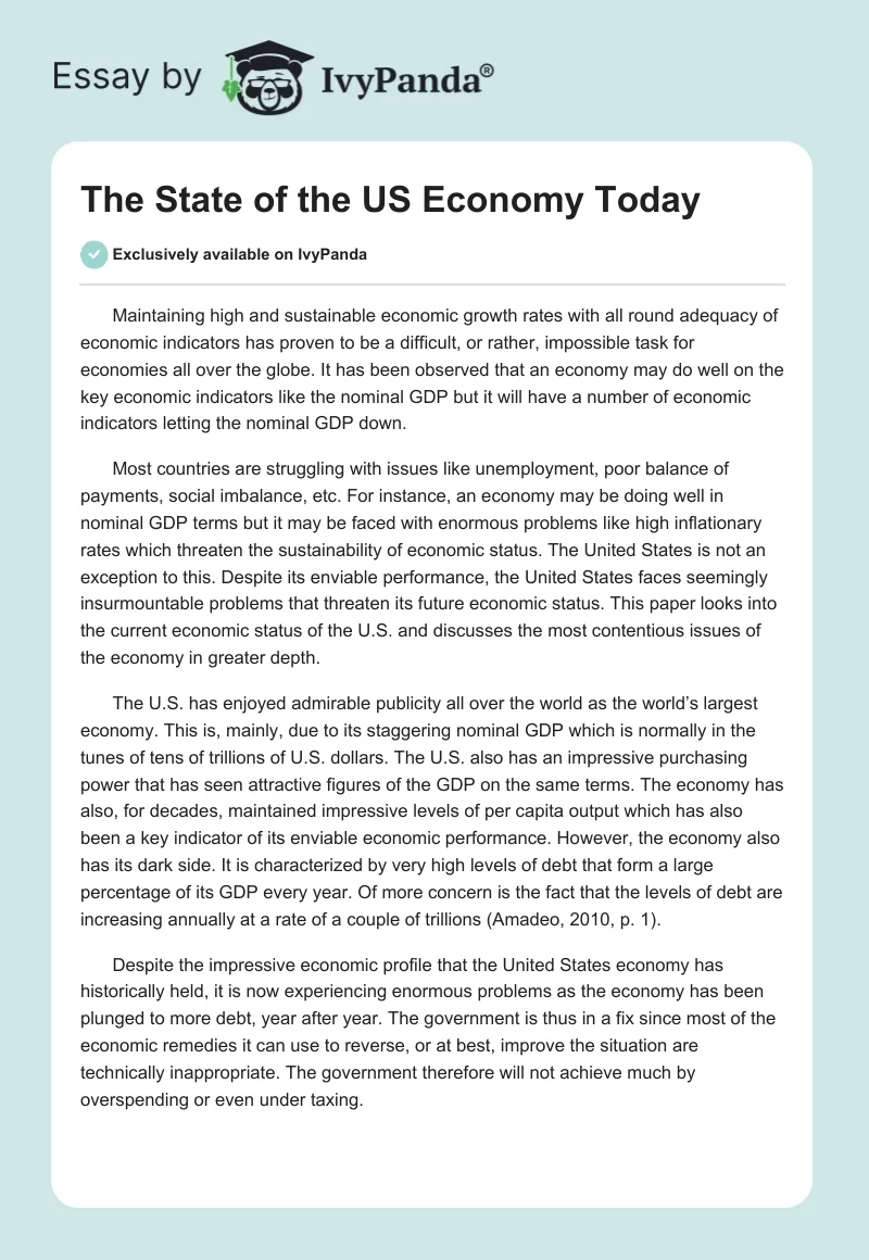 The State of the US Economy Today. Page 1