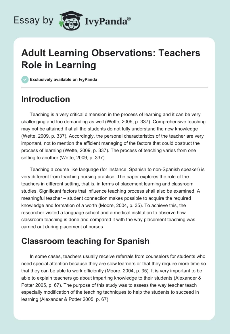 Adult Learning Observations: Teachers Role in Learning. Page 1