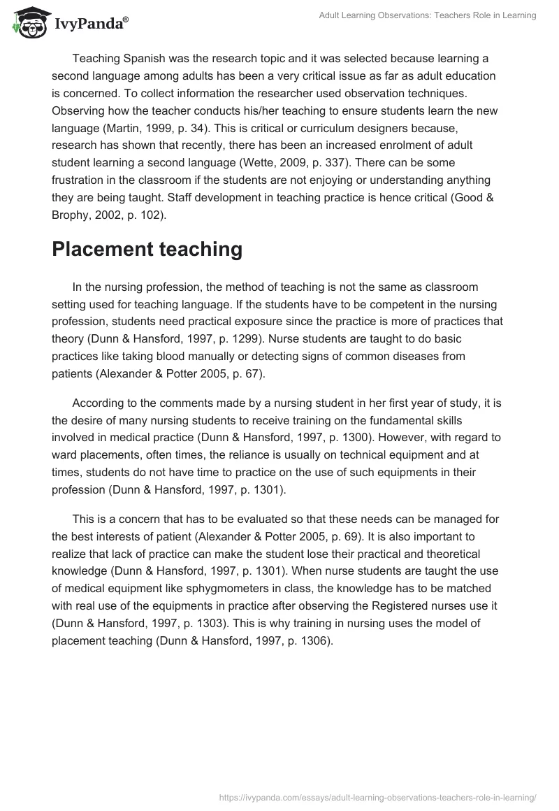 Adult Learning Observations: Teachers Role in Learning. Page 2