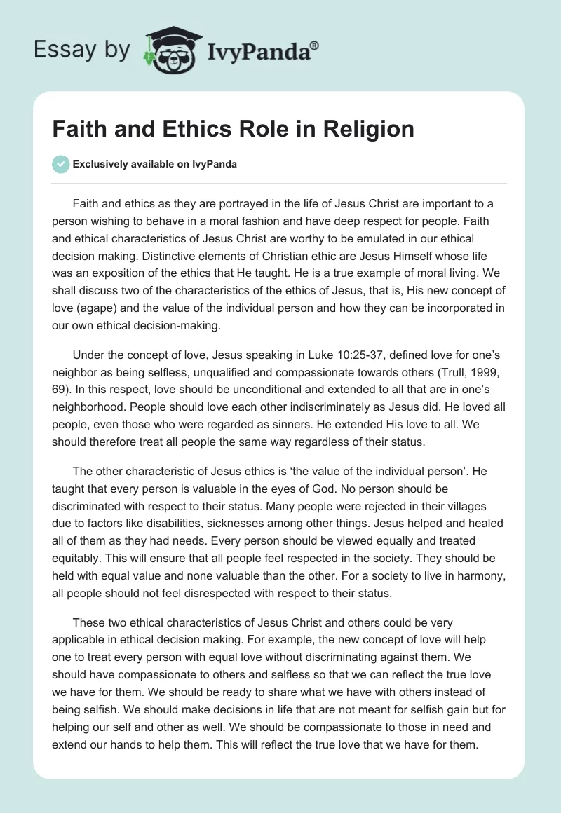 Faith and Ethics Role in Religion. Page 1