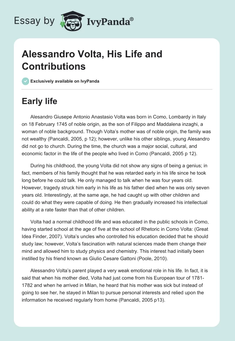 Alessandro Volta, His Life and Contributions. Page 1