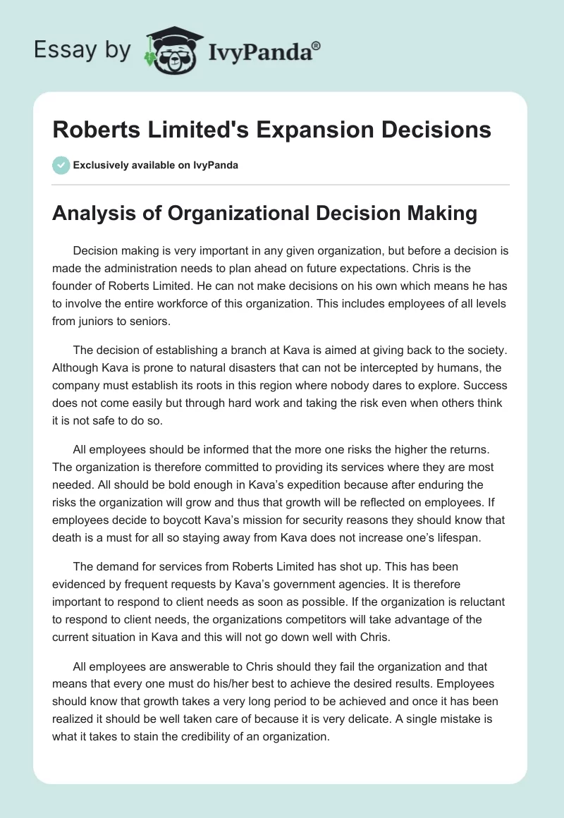 Roberts Limited's Expansion Decisions. Page 1