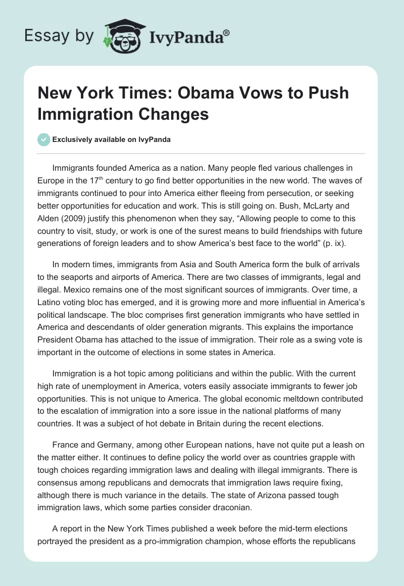 New York Times: Obama Vows to Push Immigration Changes. Page 1