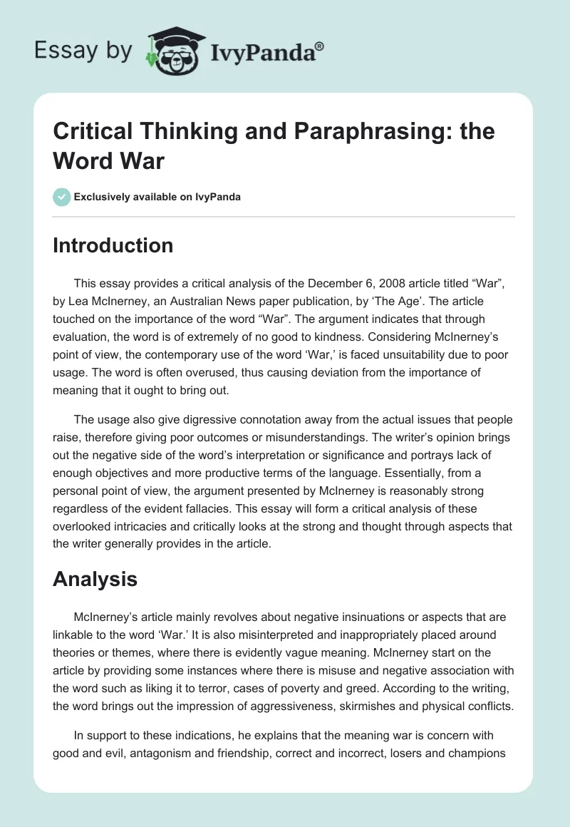 Critical Thinking and Paraphrasing: The Word "War". Page 1