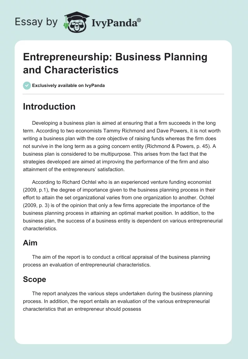 Entrepreneurship: Business Planning and Characteristics. Page 1