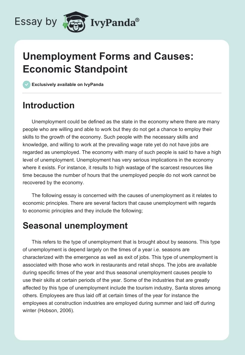 Unemployment Forms and Causes: Economic Standpoint. Page 1