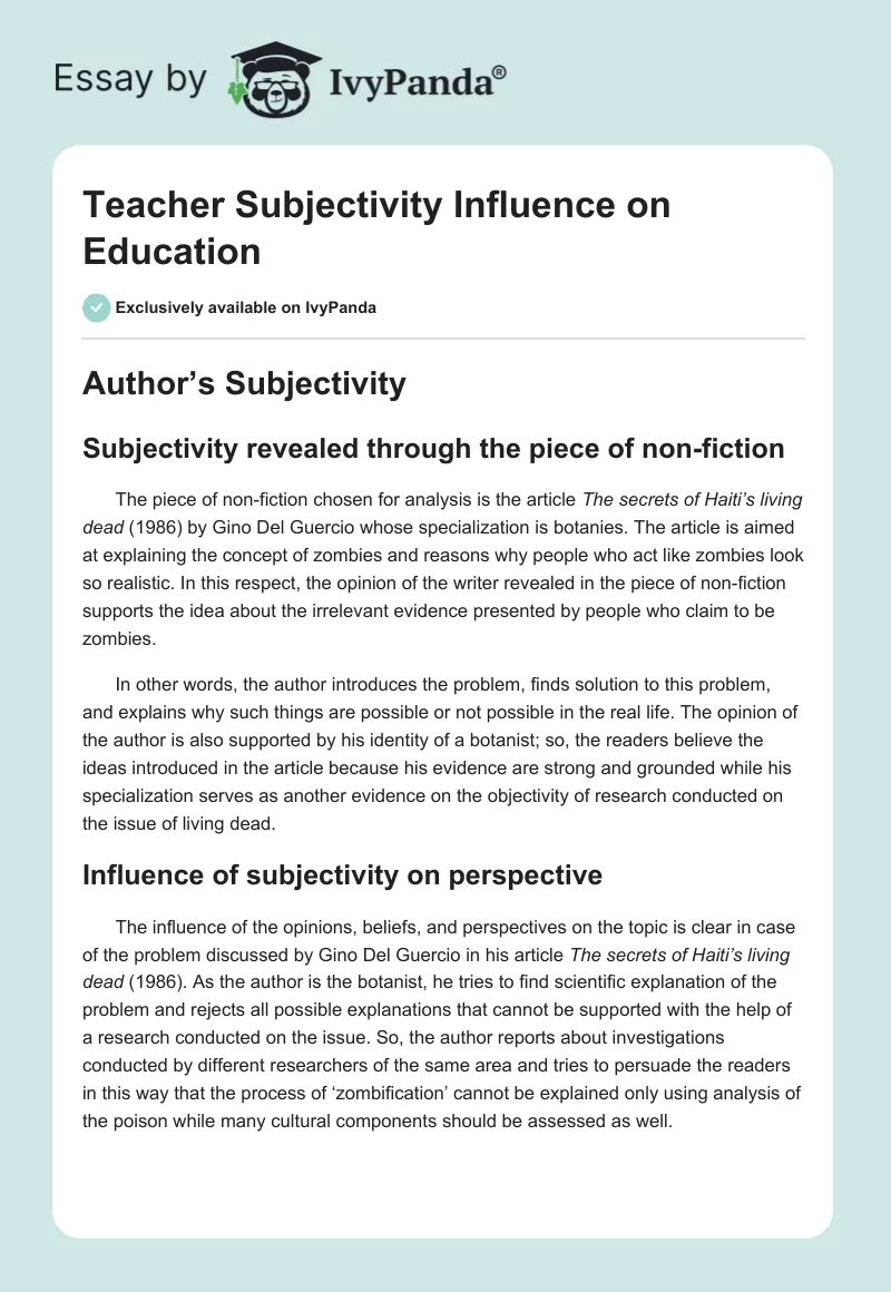 Teacher Subjectivity Influence on Education. Page 1