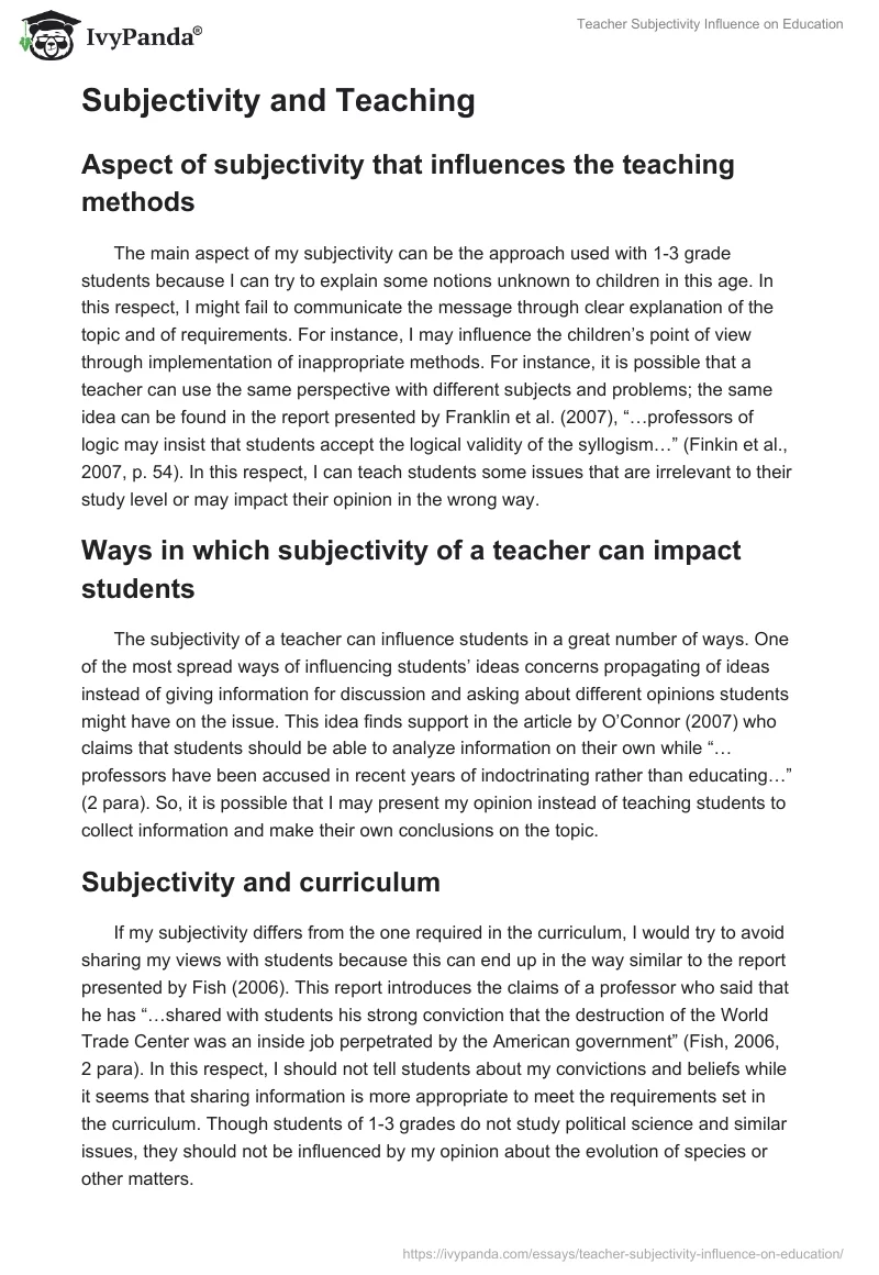 Teacher Subjectivity Influence on Education. Page 2
