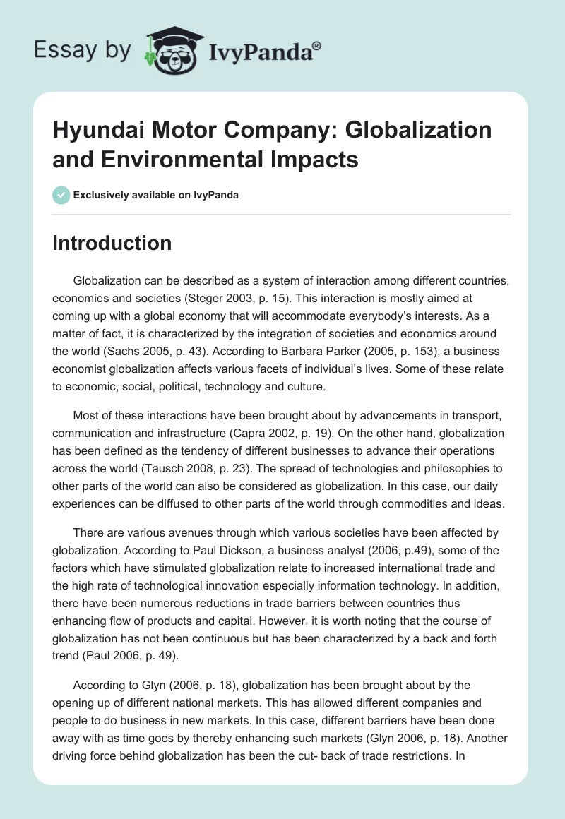 Hyundai Motor Company: Globalization and Environmental Impacts. Page 1