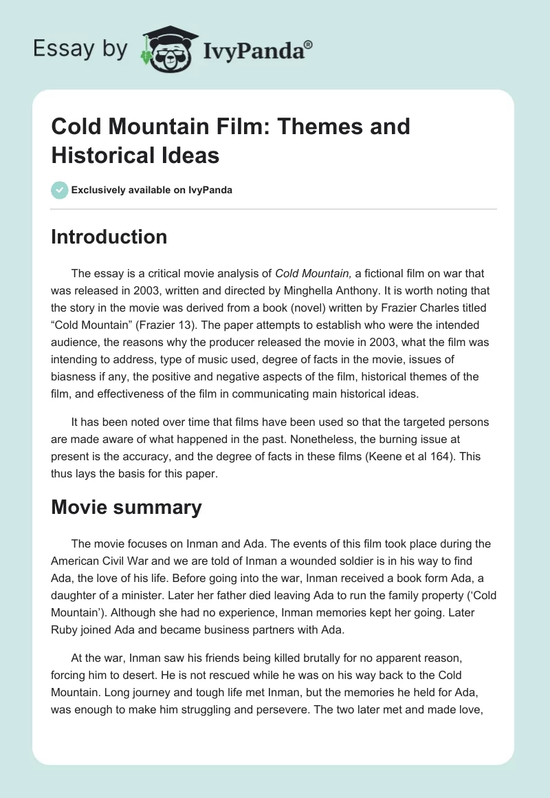 "Cold Mountain" Film: Themes and Historical Ideas. Page 1