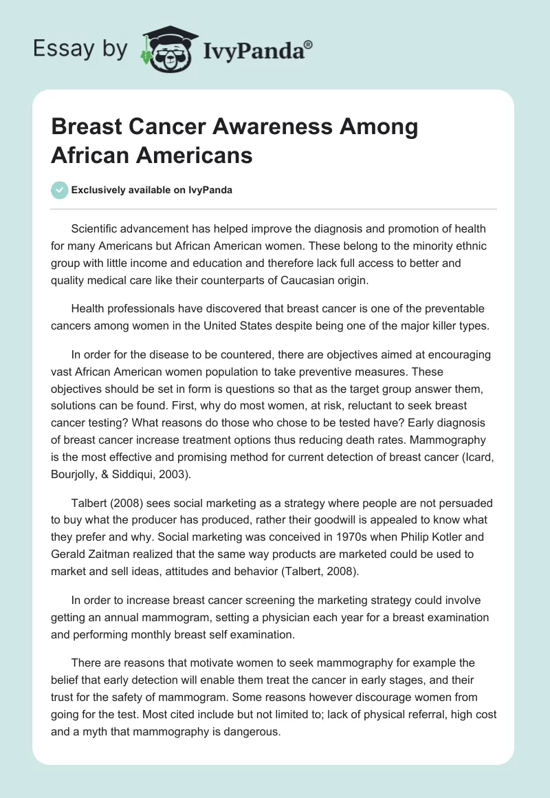 Breast Cancer Awareness Among African Americans. Page 1