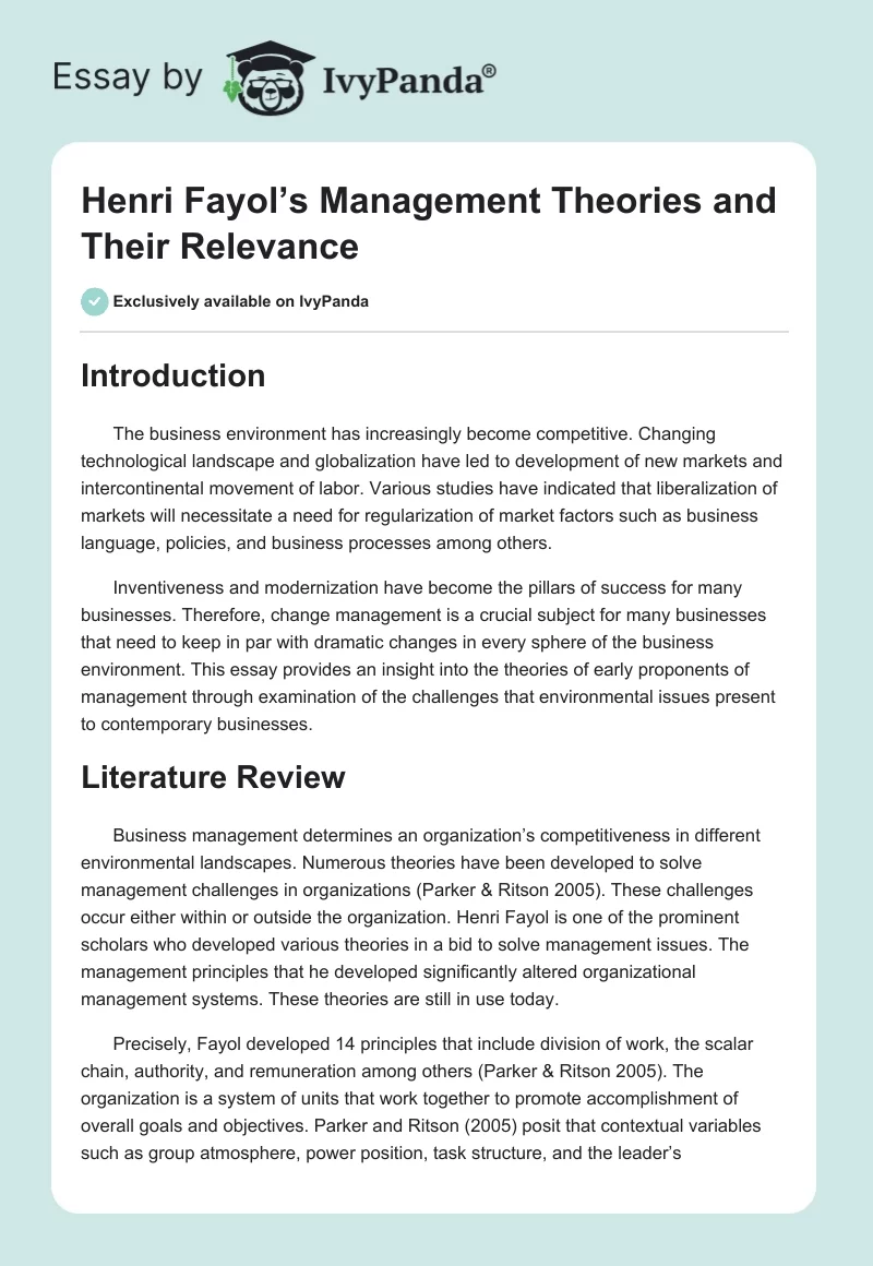 Henri Fayol’s Management Theories and Their Relevance. Page 1