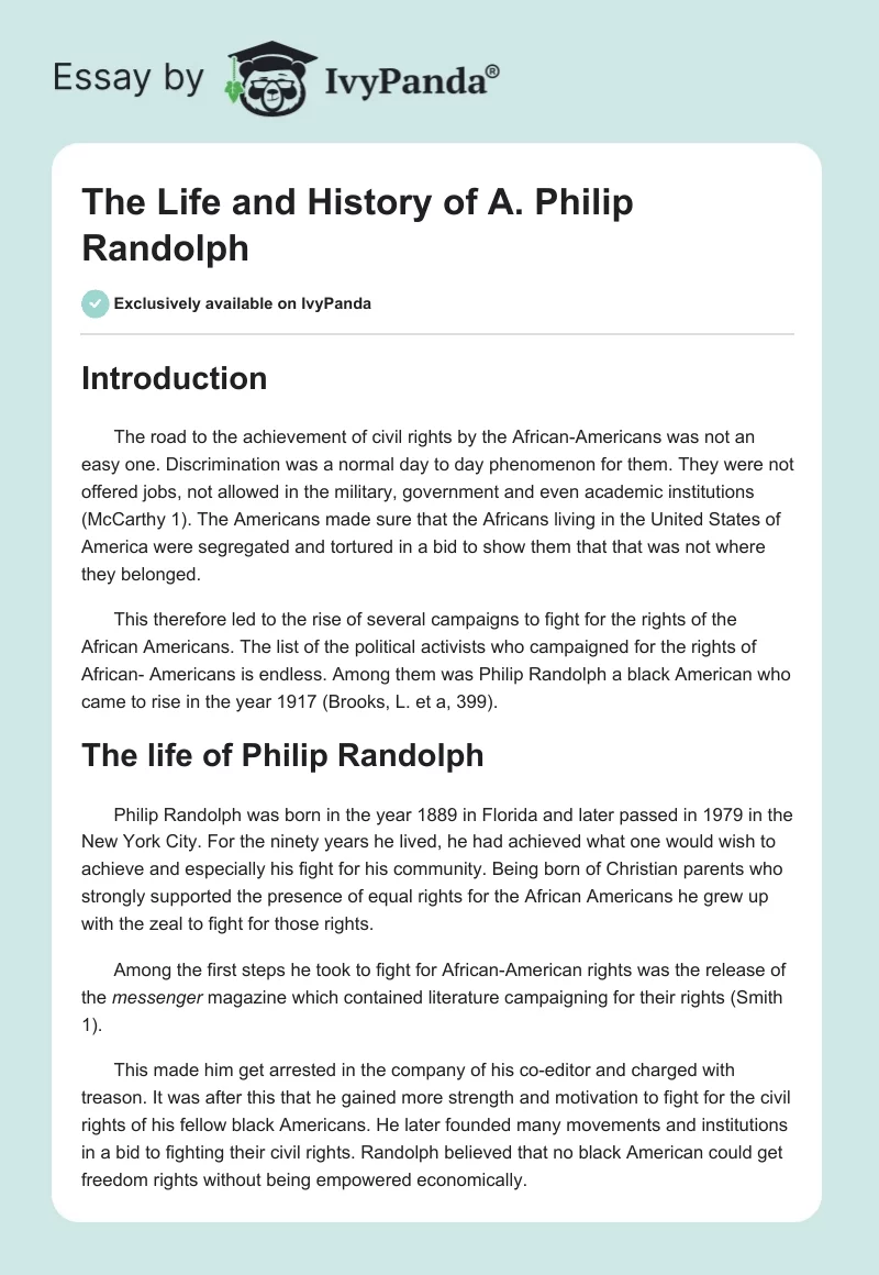 The Life and History of A. Philip Randolph. Page 1