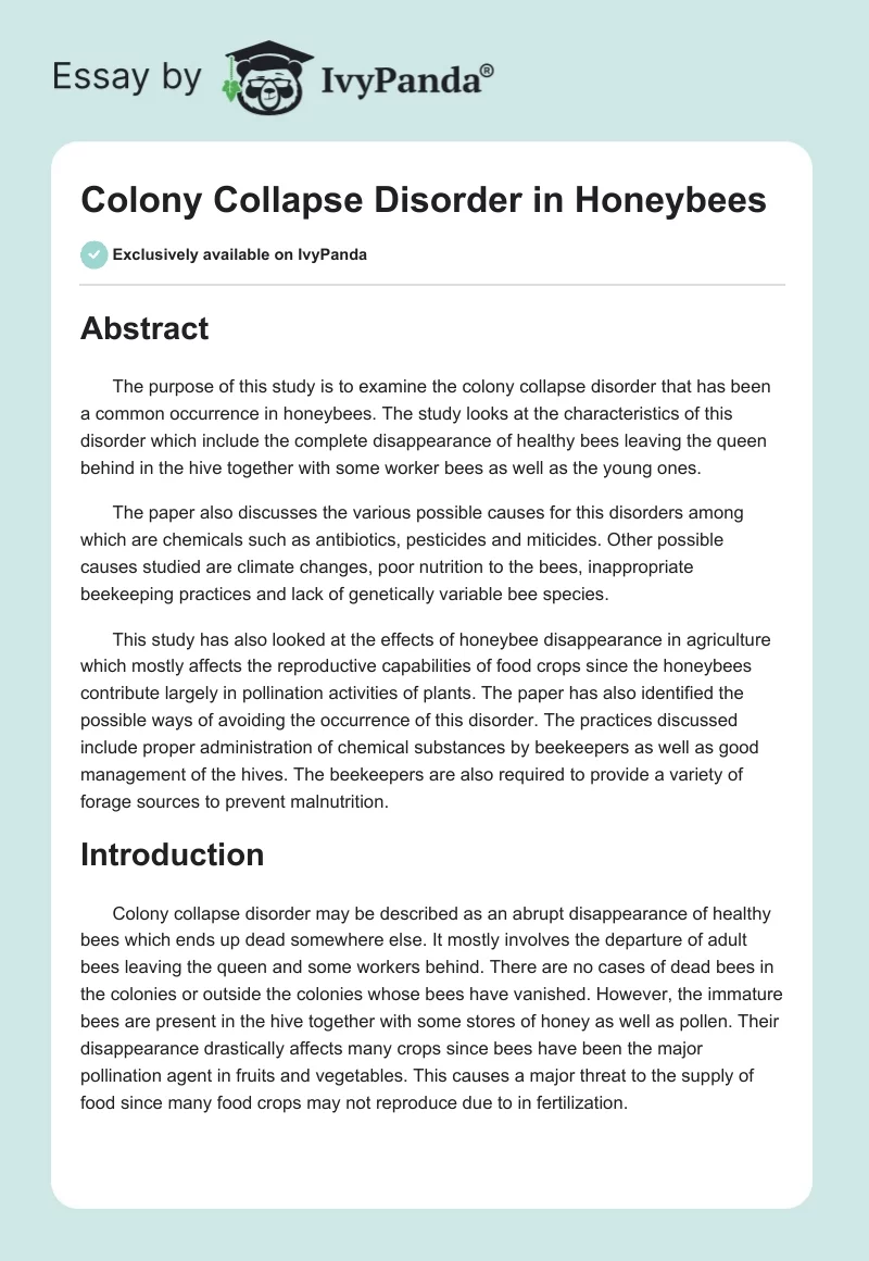 Colony Collapse Disorder in Honeybees. Page 1