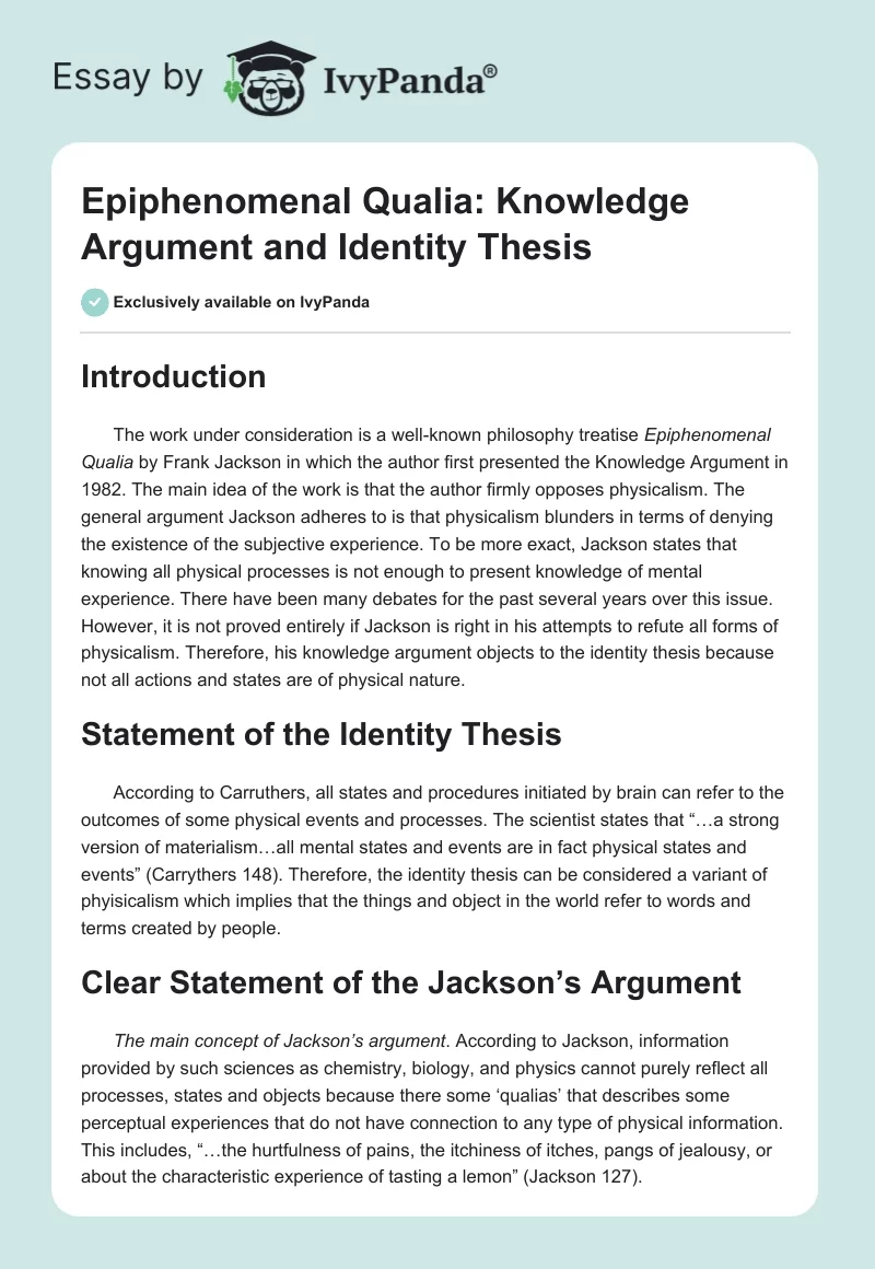 "Epiphenomenal Qualia": Knowledge Argument and Identity Thesis. Page 1