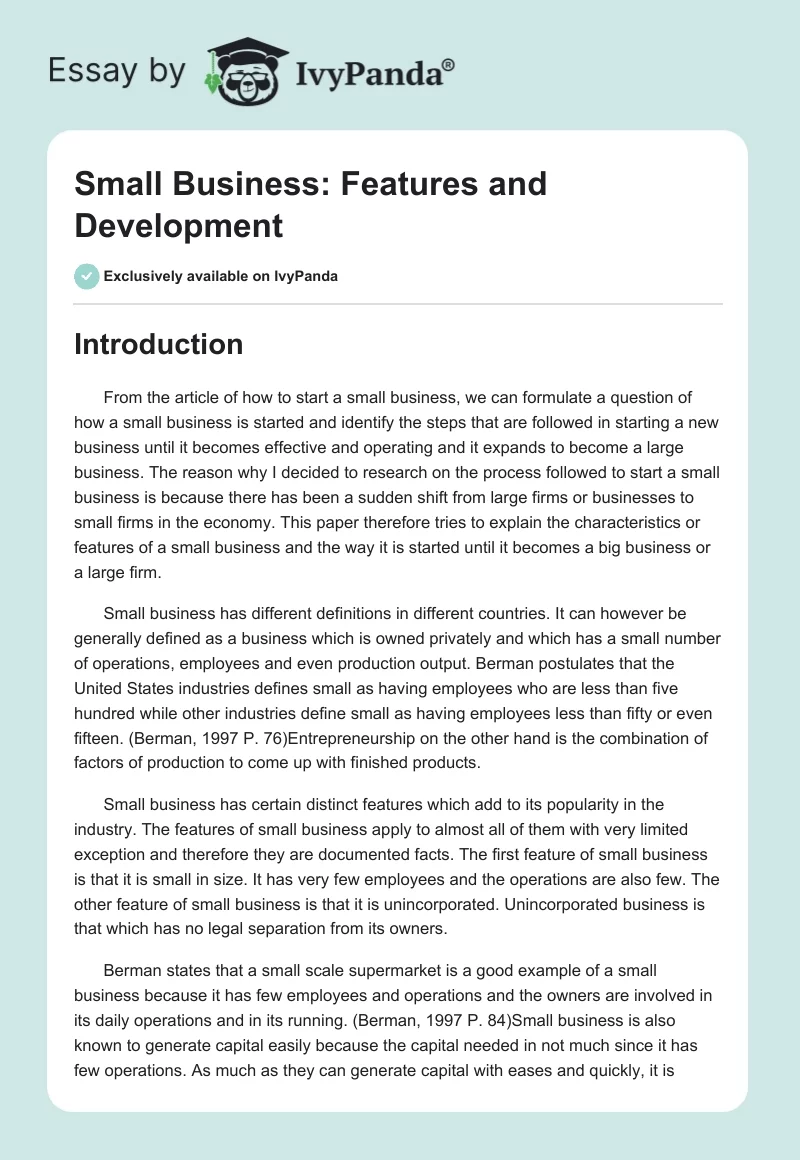 Small Business: Features and Development. Page 1