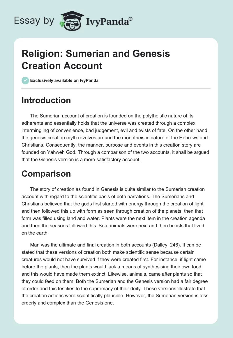 Religion: Sumerian and Genesis Creation Account. Page 1