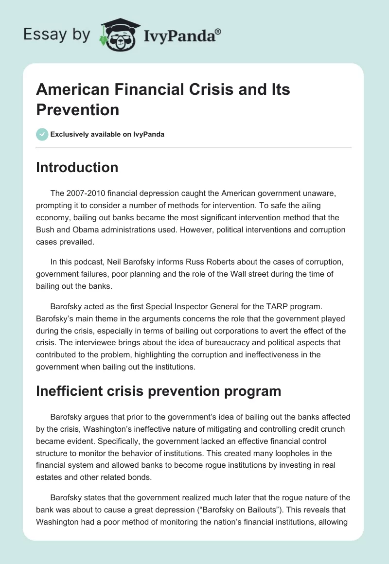 American Financial Crisis and Its Prevention. Page 1