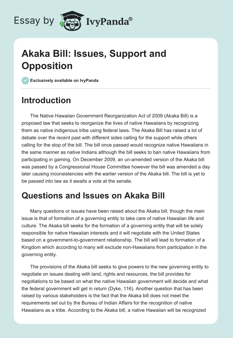 Akaka Bill: Issues, Support and Opposition. Page 1