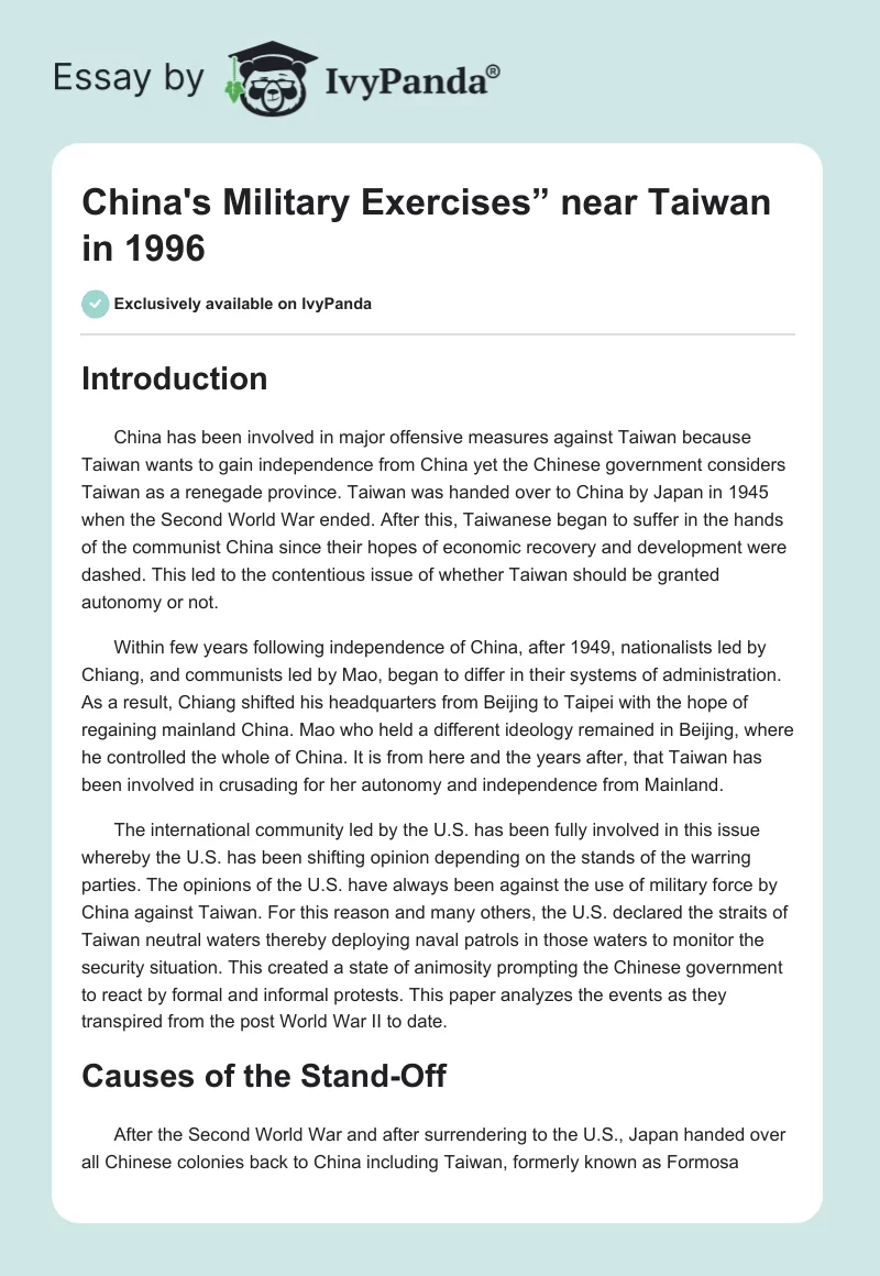 China's "Military Exercises” Near Taiwan in 1996. Page 1