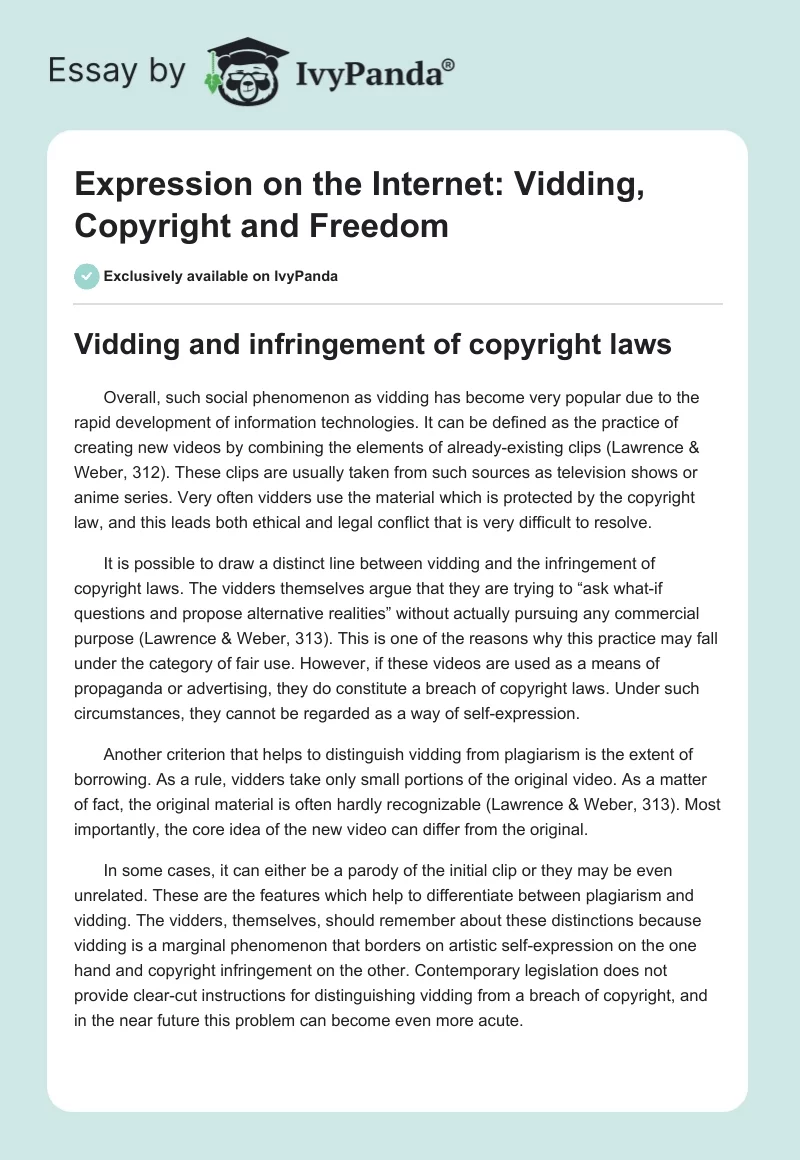Expression on the Internet: Vidding, Copyright and Freedom. Page 1