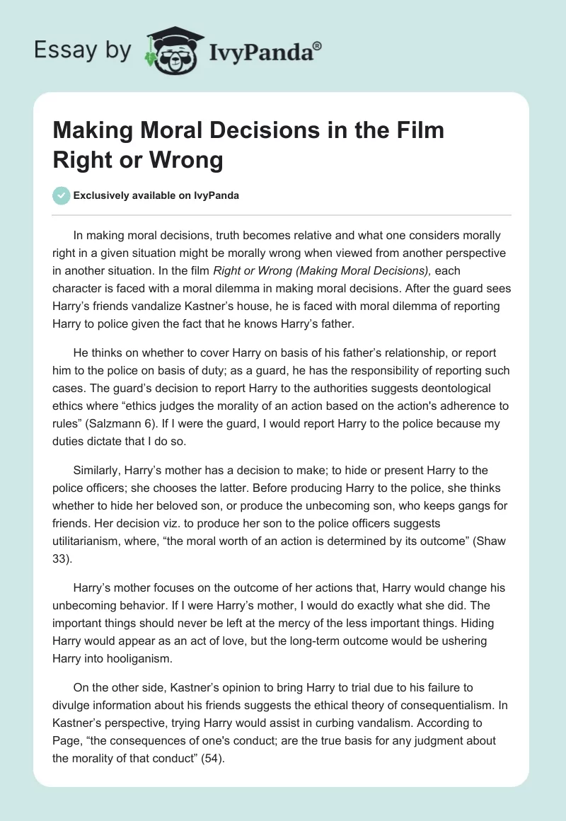 Making Moral Decisions in the Film "Right or Wrong". Page 1