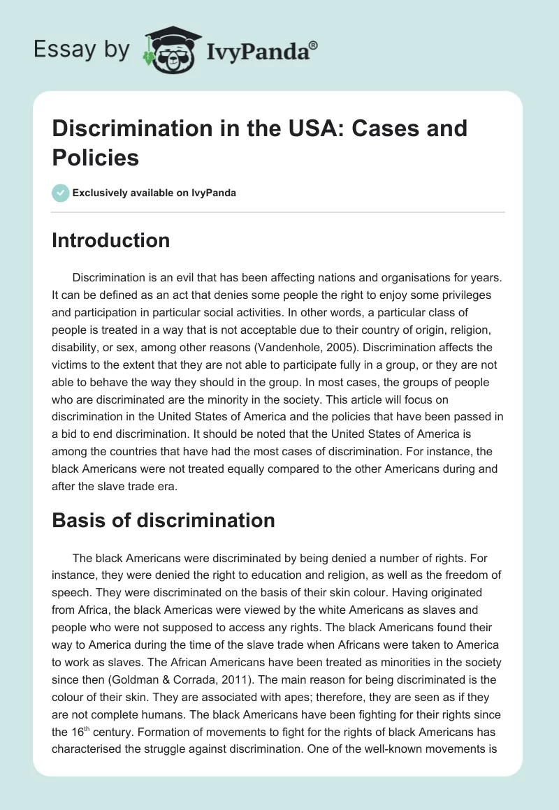 Discrimination in the USA: Cases and Policies. Page 1