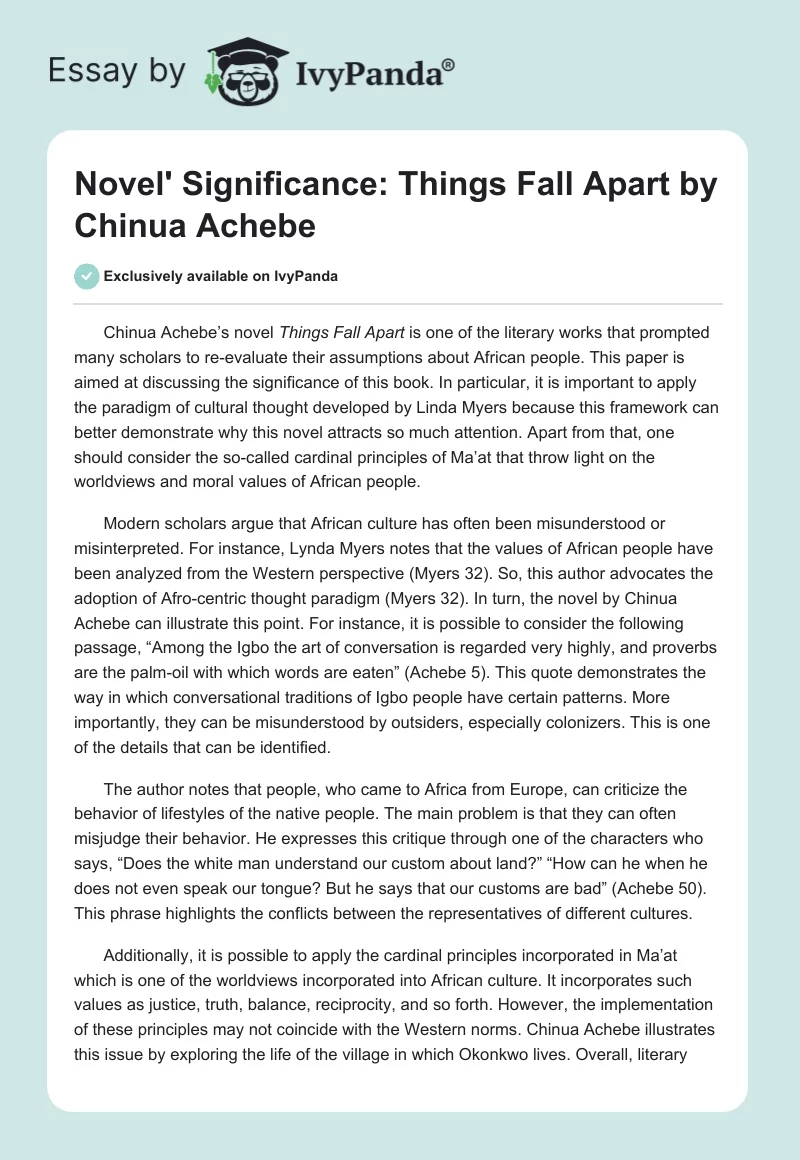 Novel' Significance: "Things Fall Apart" by Chinua Achebe. Page 1