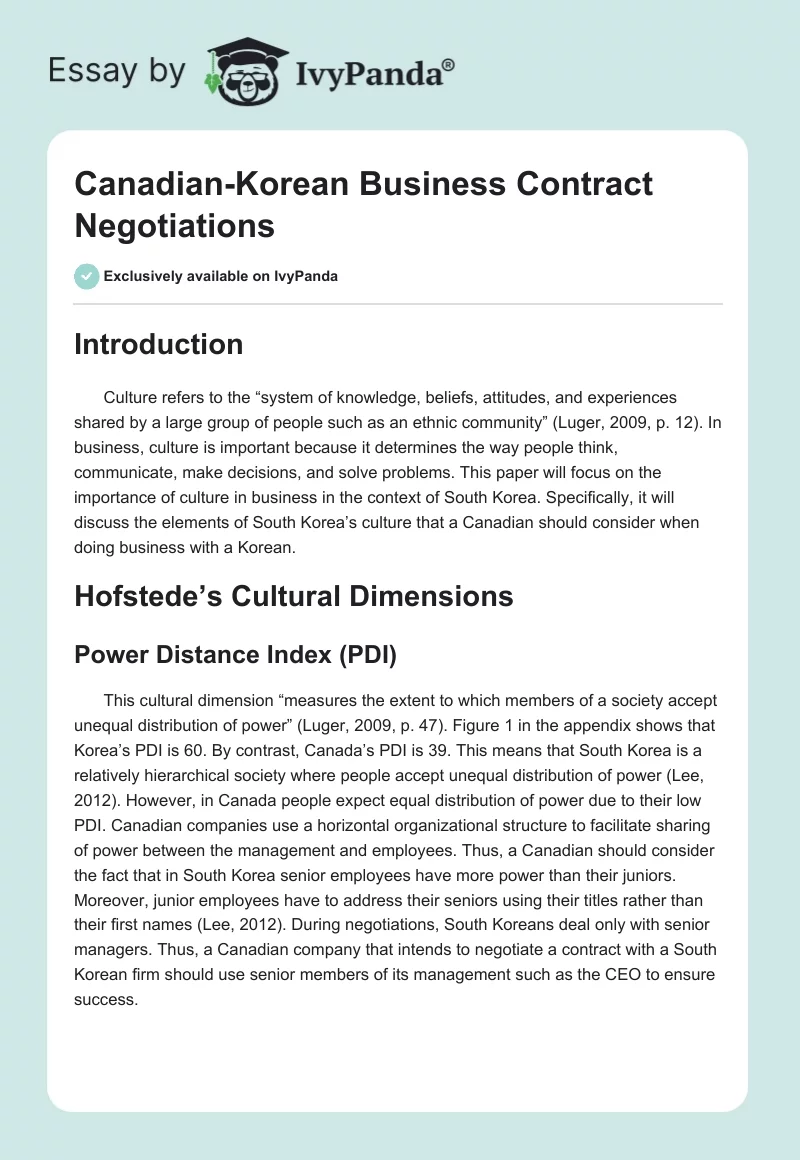 Canadian-Korean Business Contract Negotiations. Page 1