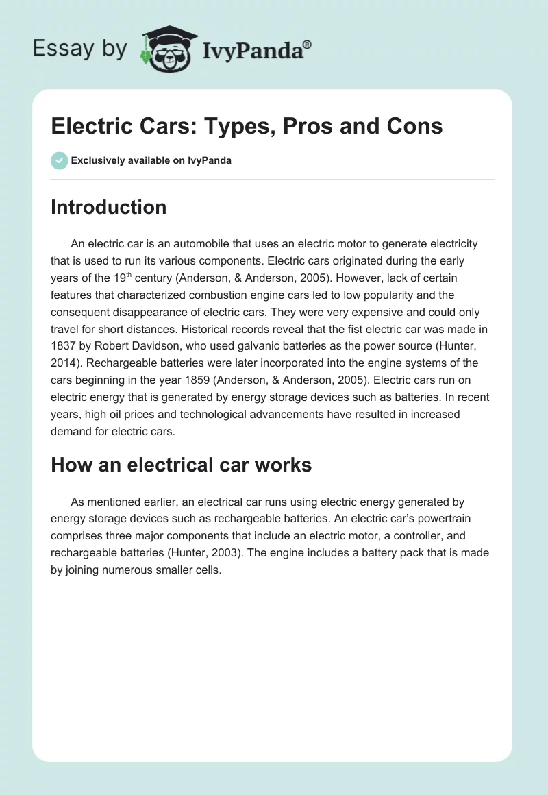 Electric Cars: Types, Pros and Cons. Page 1