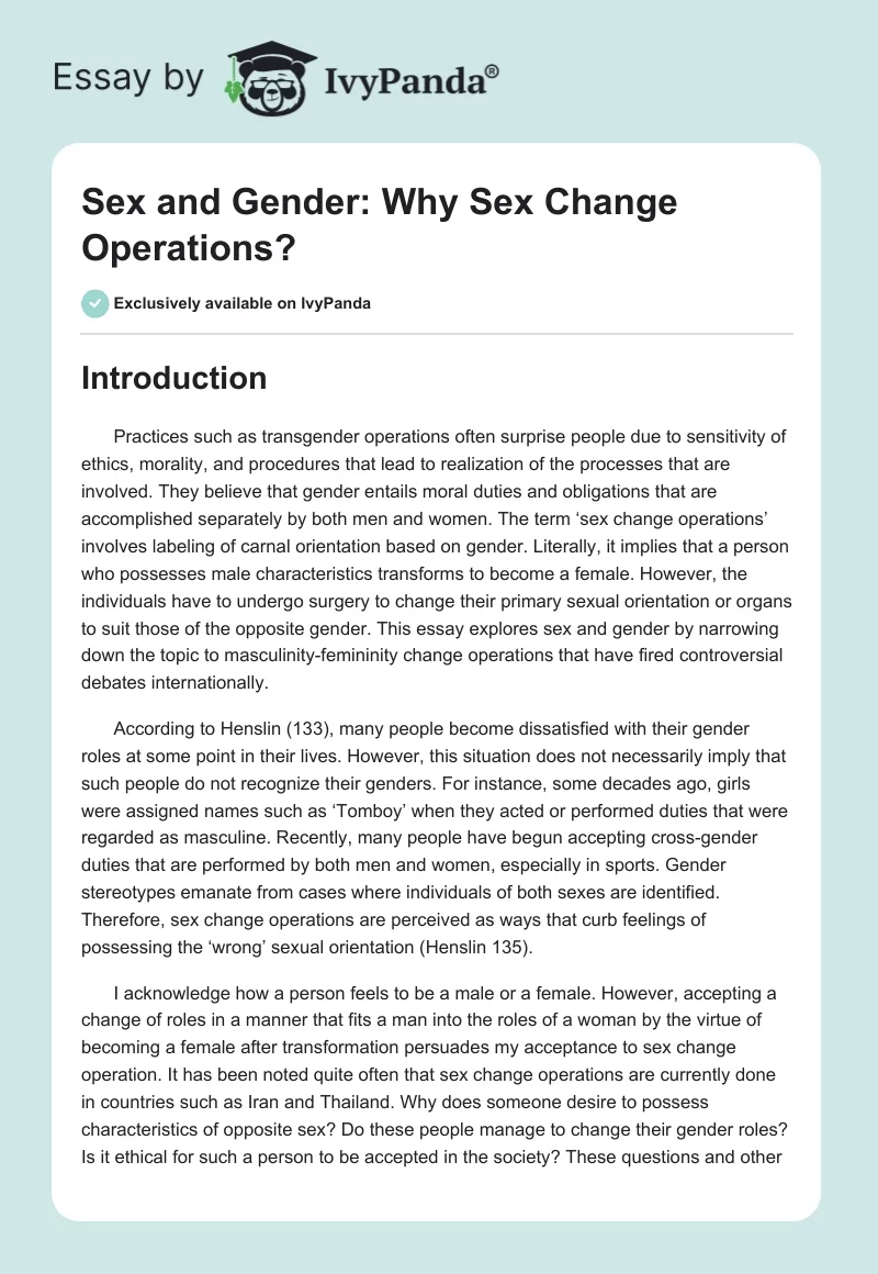 Sex and Gender: Why Sex Change Operations?. Page 1