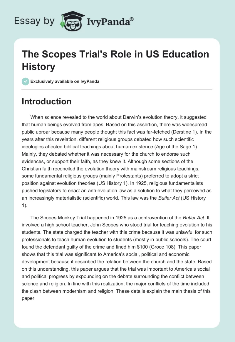 The Scopes Trial's Role in US Education History. Page 1