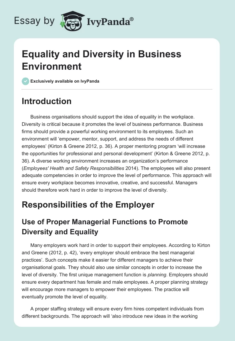 Equality and Diversity in Business Environment. Page 1
