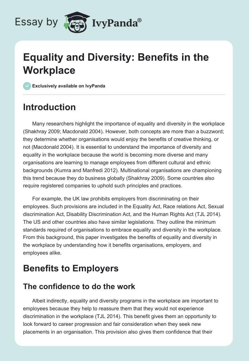 Equality and Diversity: Benefits in the Workplace. Page 1