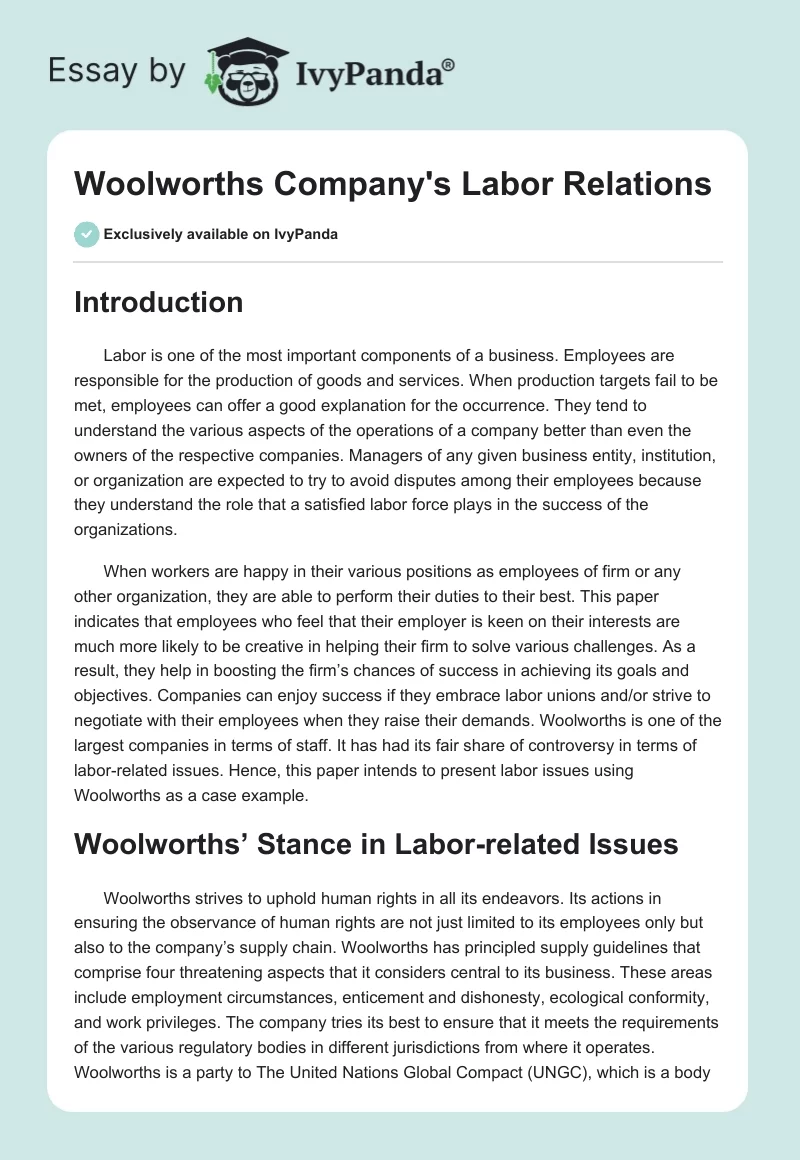 Woolworths Company's Labor Relations. Page 1